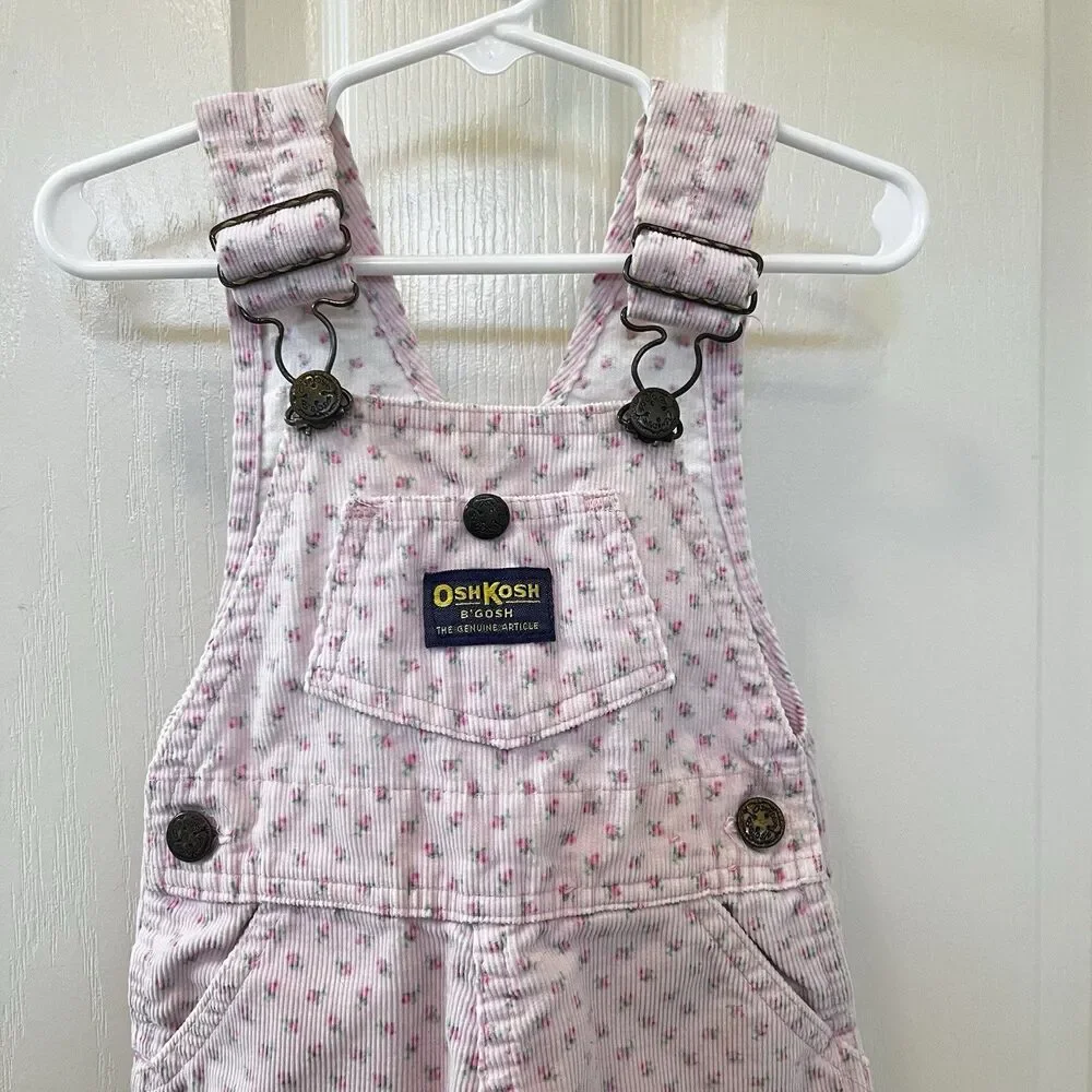 Vintage Oshkosh B'gosh Pink Rosebuds Corduroy Overall Dress Jumper Girls